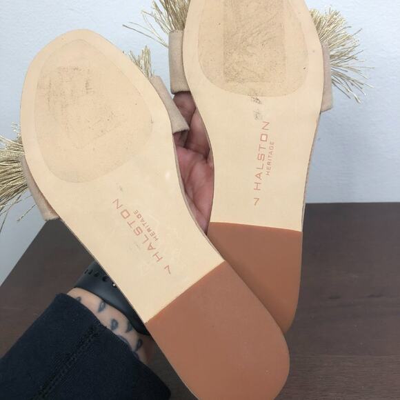 Halston Heritage Tan 'Fran' Fringe Slide Sandals Women's Size 7M - Picture 5 of 5